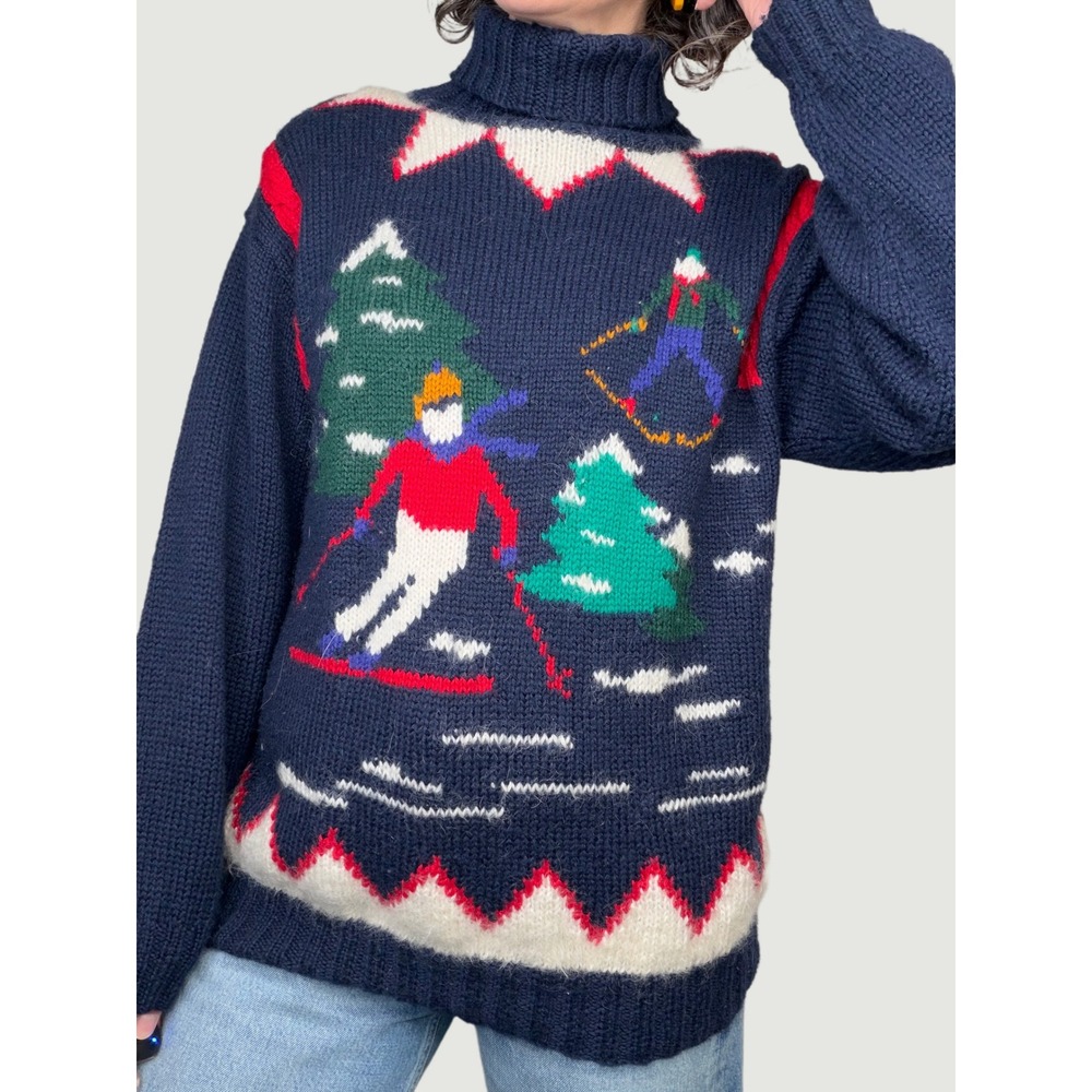 Vintage Hand Knit Apres Ski Turtleneck Sweater Navy Blue Studio Michelle Stuart
